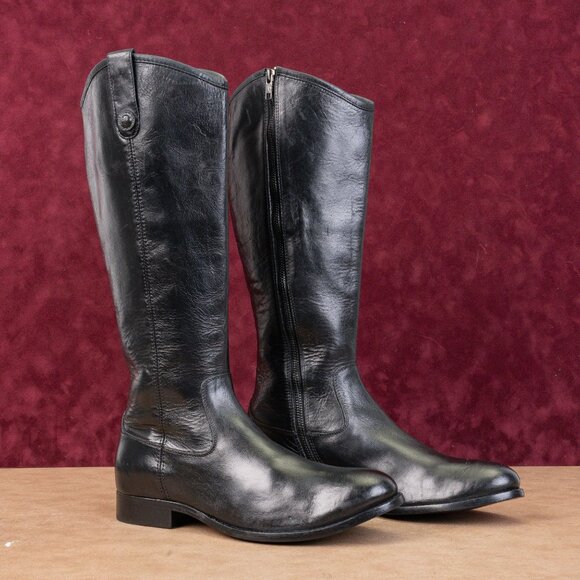Frye Women Melissa Button Zip Black Leather Equestrian...